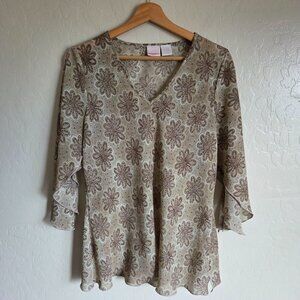 Xhilaration Vintage Y2K Floral Split Sleeve Top Tan/Brown Size XL Fairy Grunge